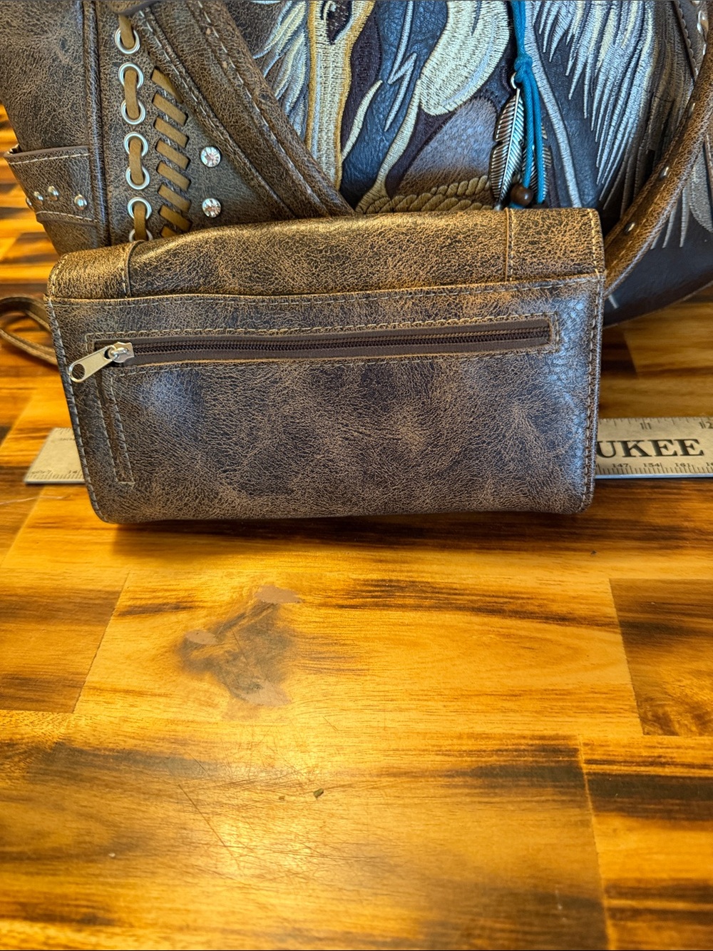 Brown Embroidered Horse Shoulder Bag with Wristlet - Picture 10 of 10